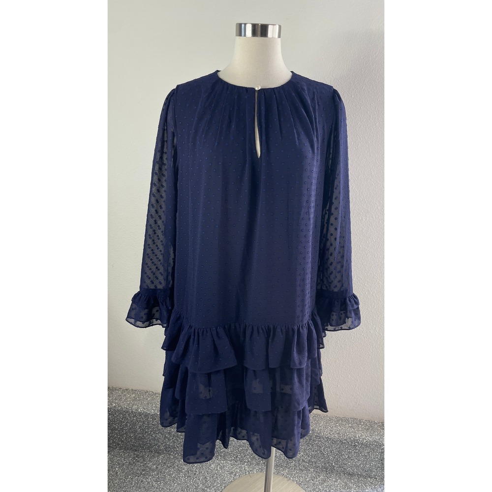 NEW Kate Spade Womens Medium Navy Clipped Dot Ruffle Hem Keyhole Pearl Dress